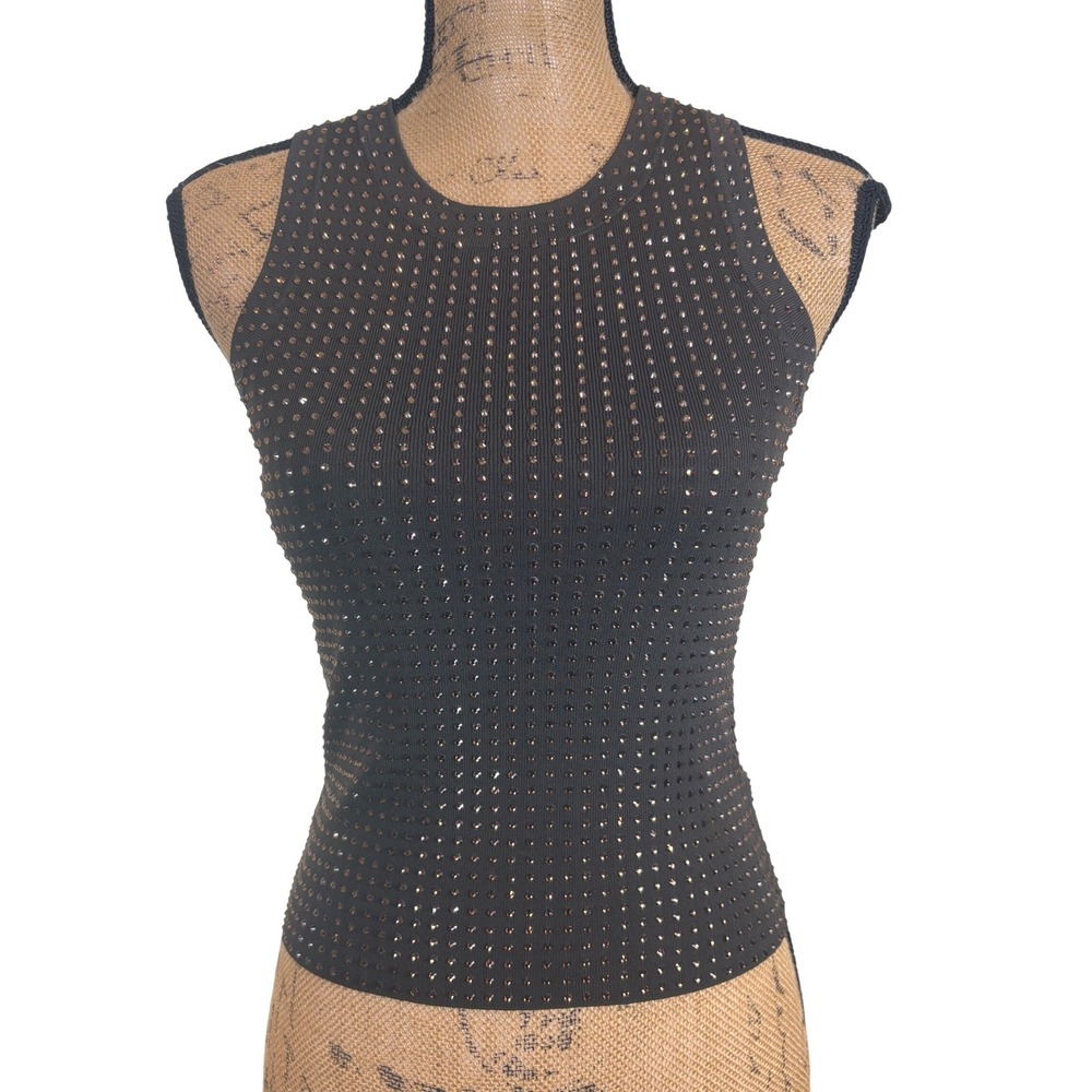 NWT Aya Muse Mela Top Chocolate Brown Rhinestone Embellished Rib Knit Tank Small